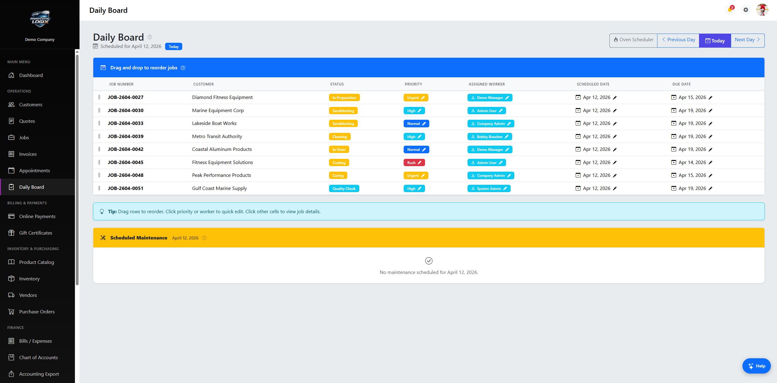 Shop floor workflow screen