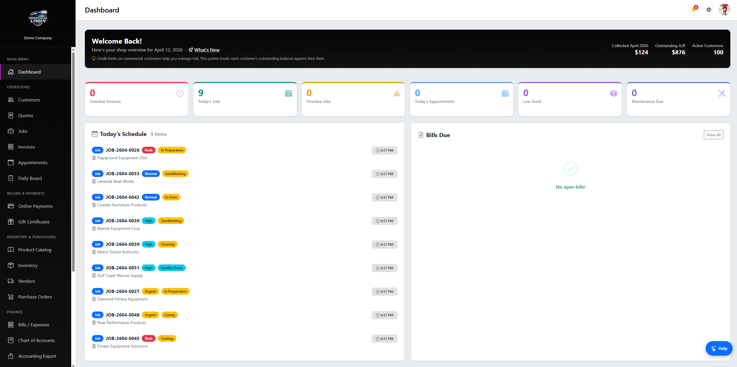 Dashboard showing business visibility